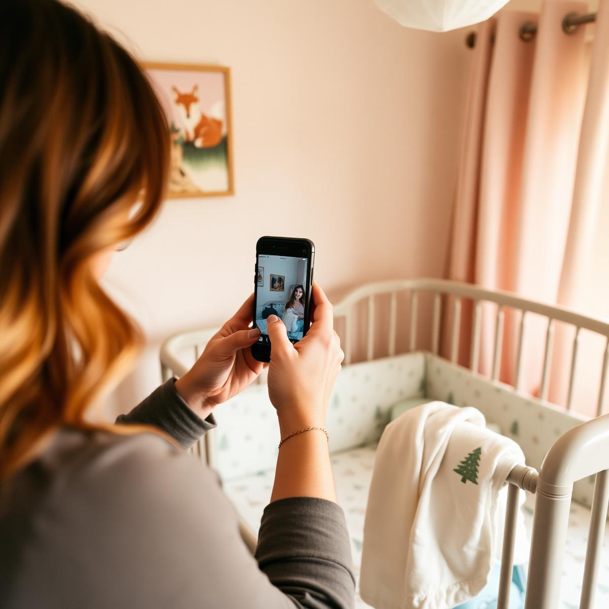 Mother content creator photographing a Bacati woodland-print crib in a soft pink nursery