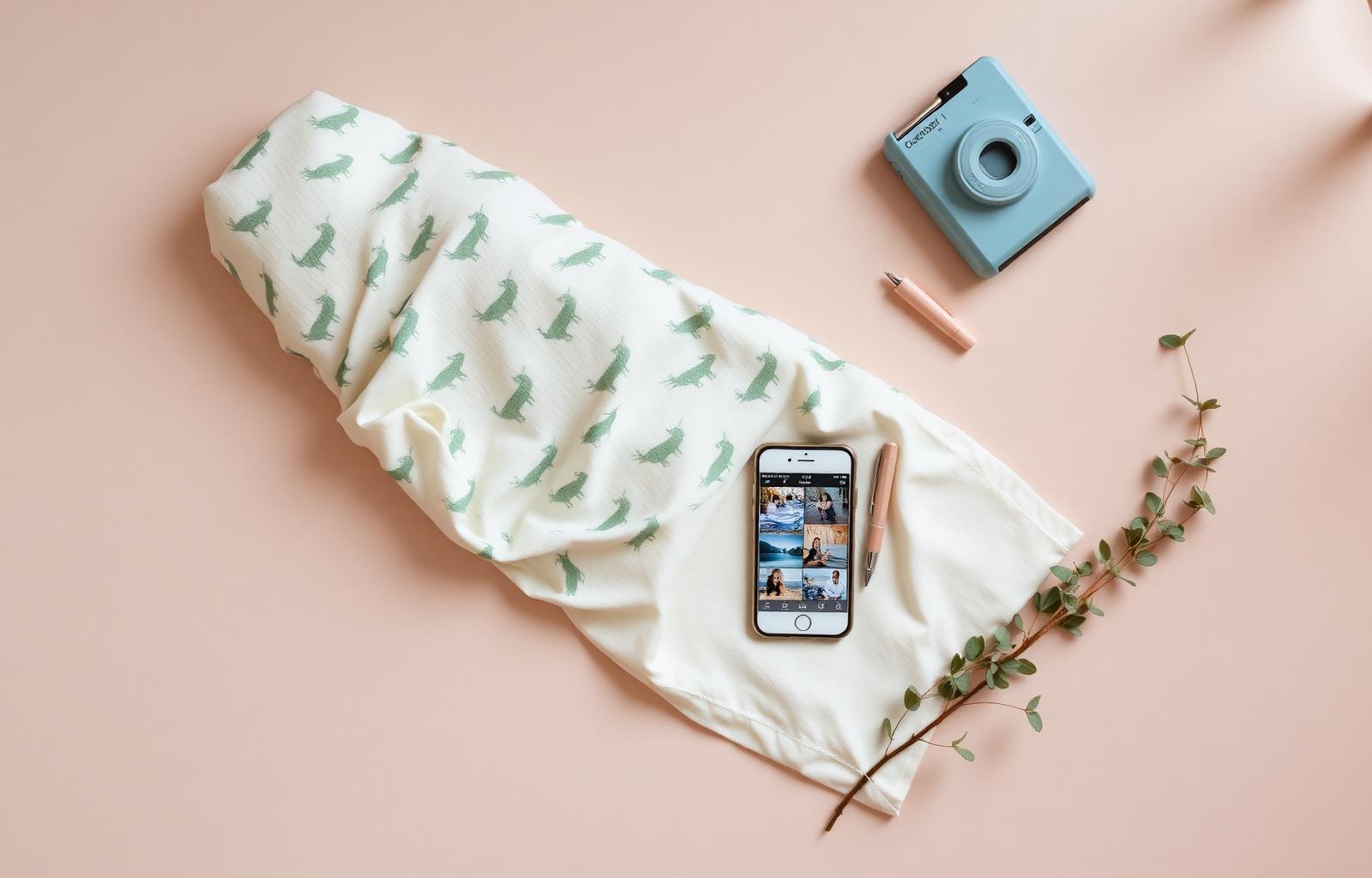 Bacati woodland muslin swaddle styled flat-lay with phone and camera for content creators