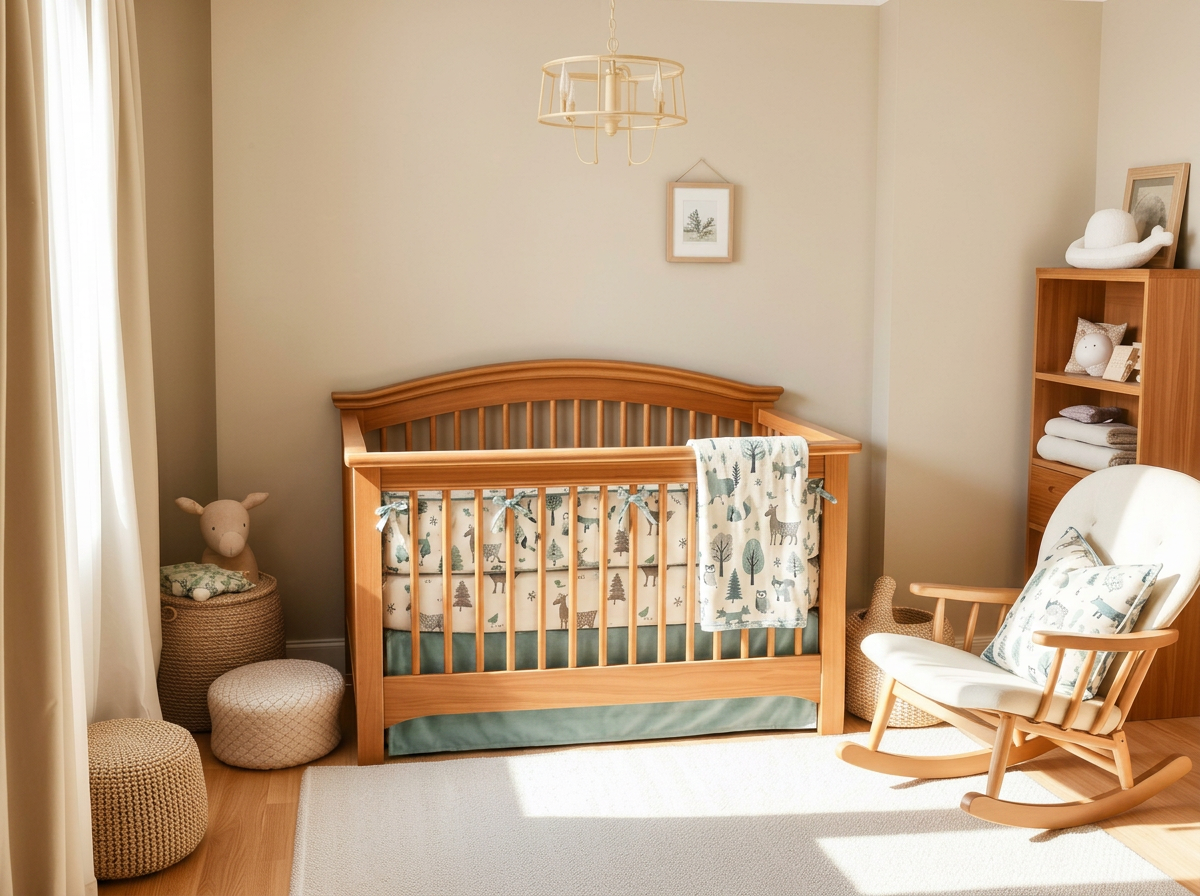 Wooden crib dressed in sage Woodlands bedding in a warm neutral nursery