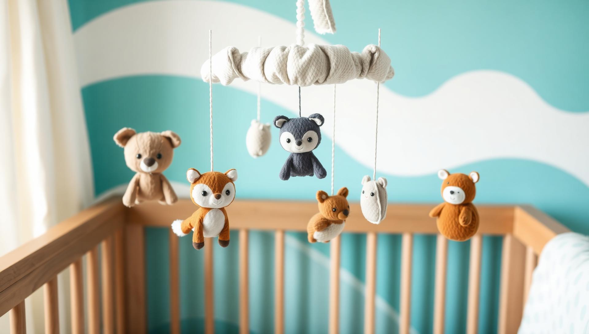 Bacati woodland crib mobile with hand-stitched plush characters