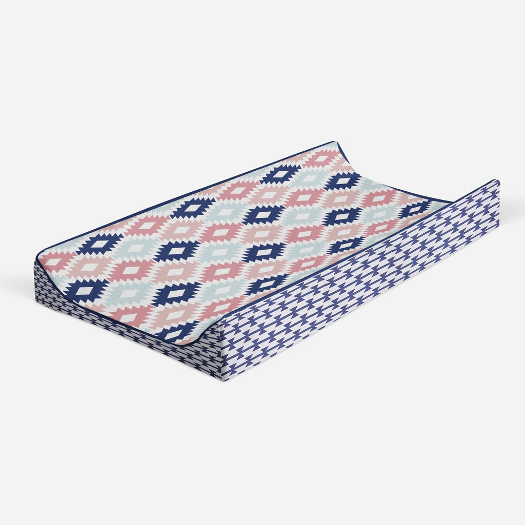 Aztec Emma Coral/Mint/Navy Girls Quilted Changing Pad Cover - Bacati - Changing pad cover - Bacati