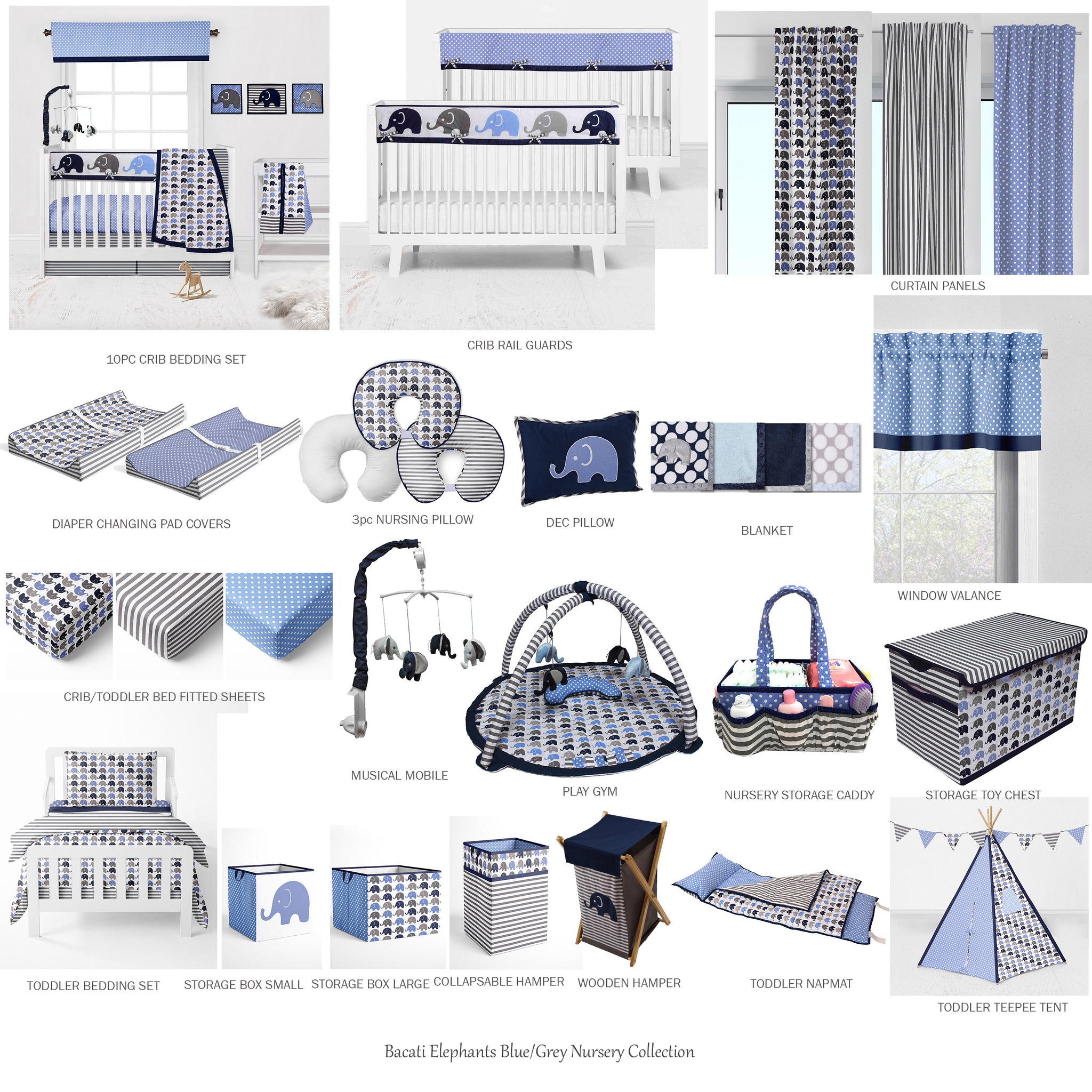 Bacati Elephants Blue Grey 10 Piece Crib Bedding Set with Two Crib Sheets Blue Grey Boys