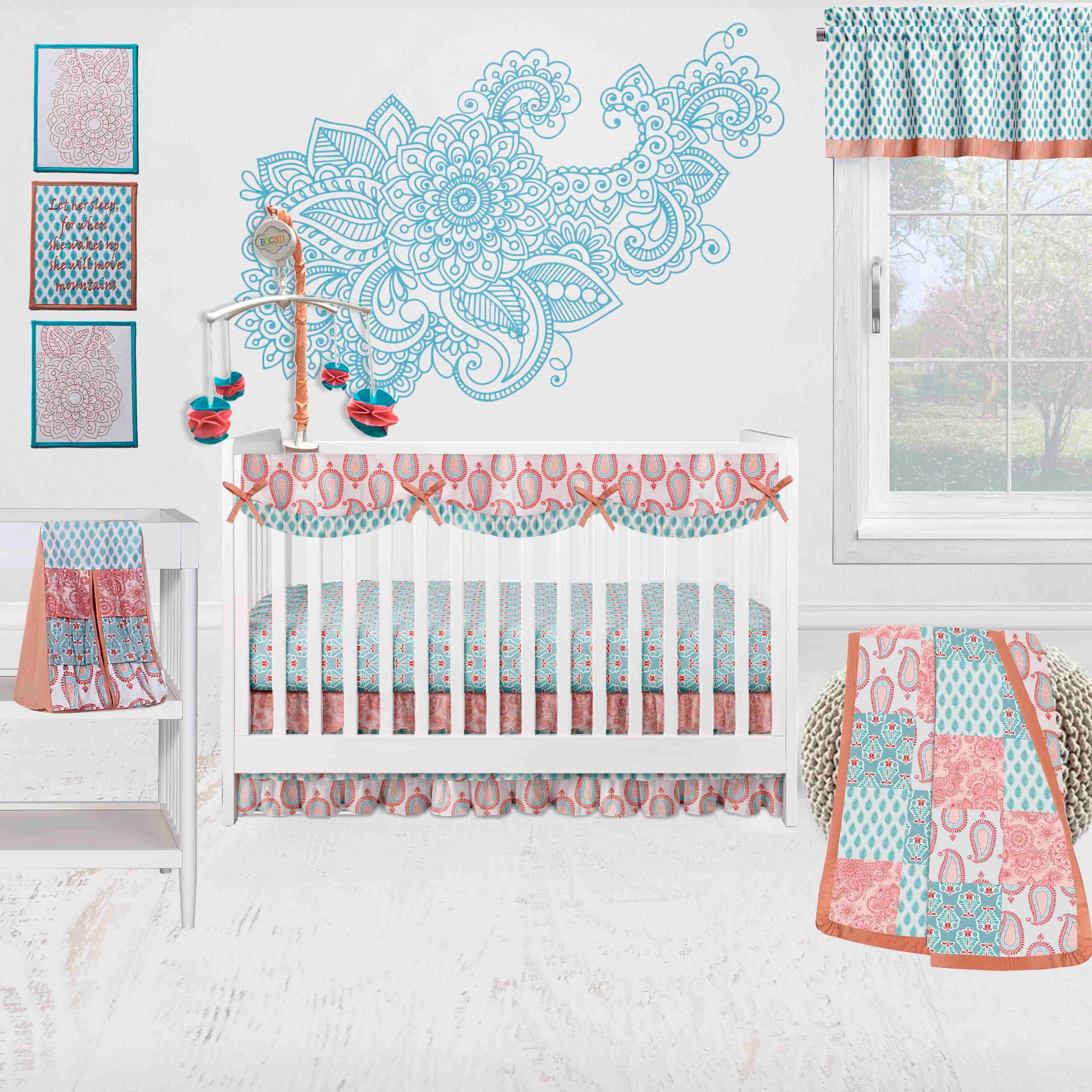 Bacati Paisley Sophia 10 Piece Crib Bedding Set with Crib Rail Guard Coral Aqua Girls