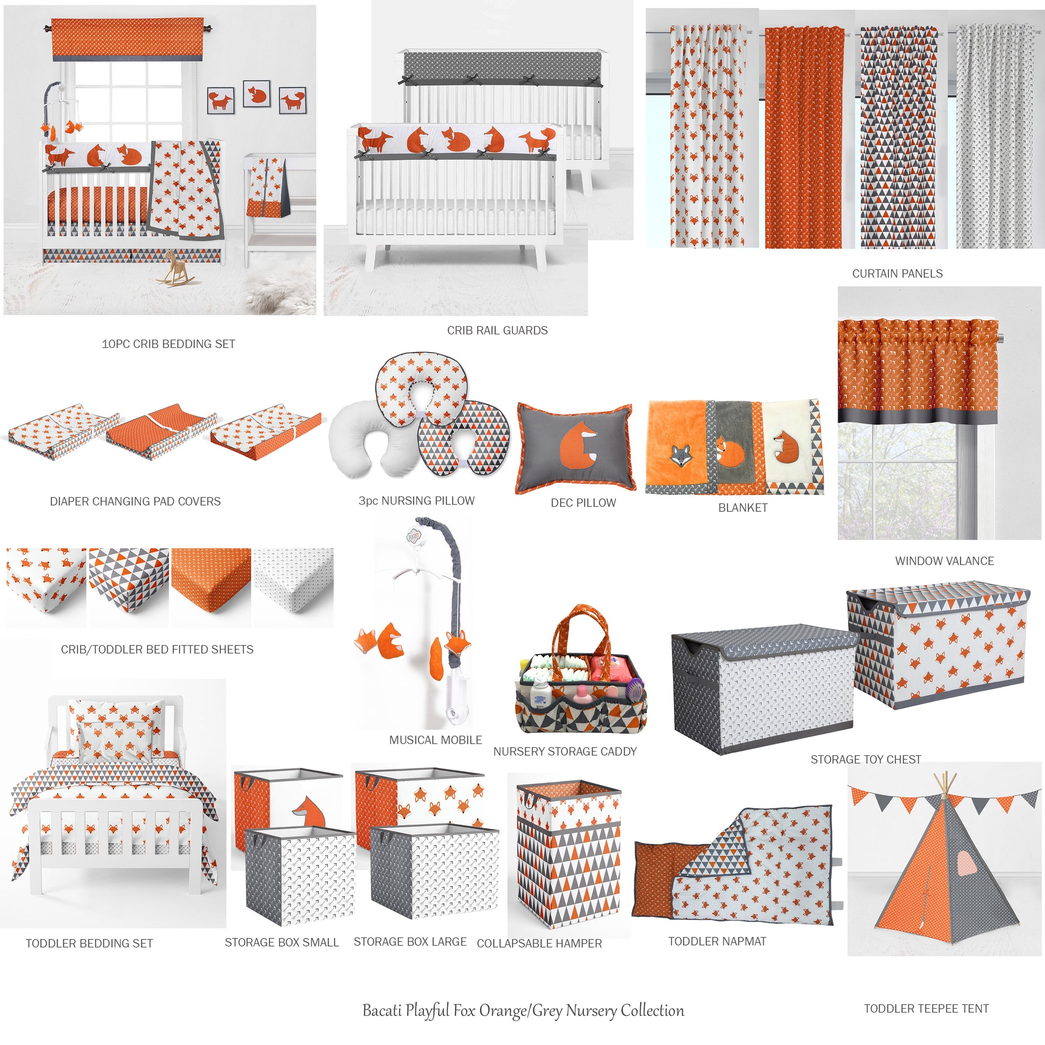 Bacati Playful Fox 3 Piece Crib Bedding Set Orange Grey Unisex