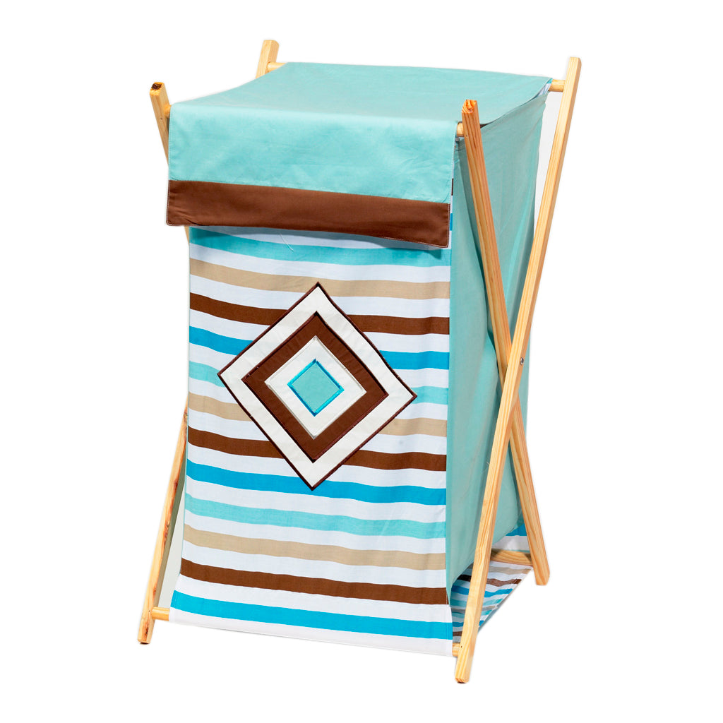 Bacati - Mod Diamonds/Stripes Neutral Laundry Hamper with Wooden Frame Aqua  Teal Yellow Beige Brown