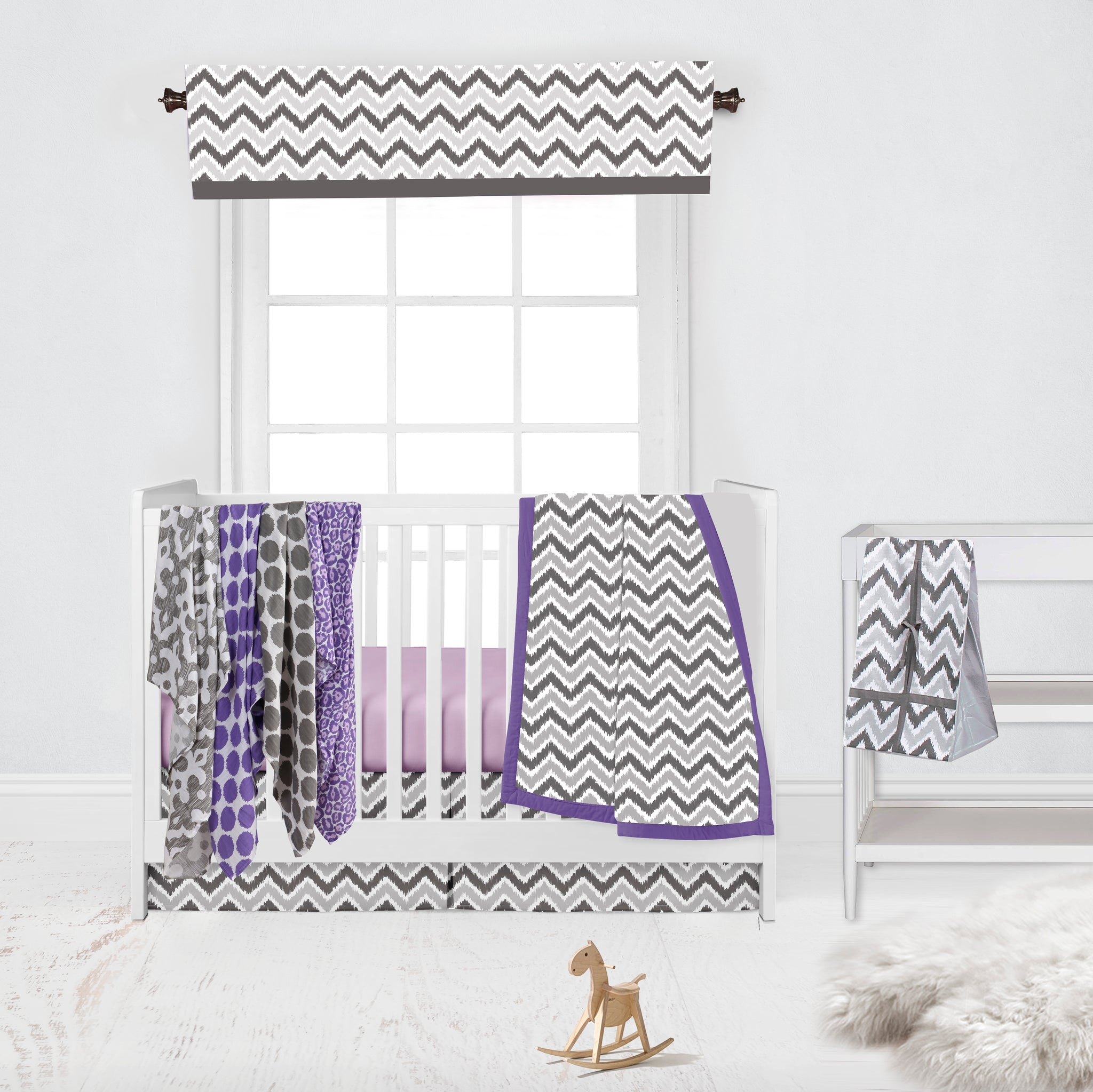 Bacati Ikat Lilac Grey Dots Leopard 4 Crib Set with 2 Muslin Blankets