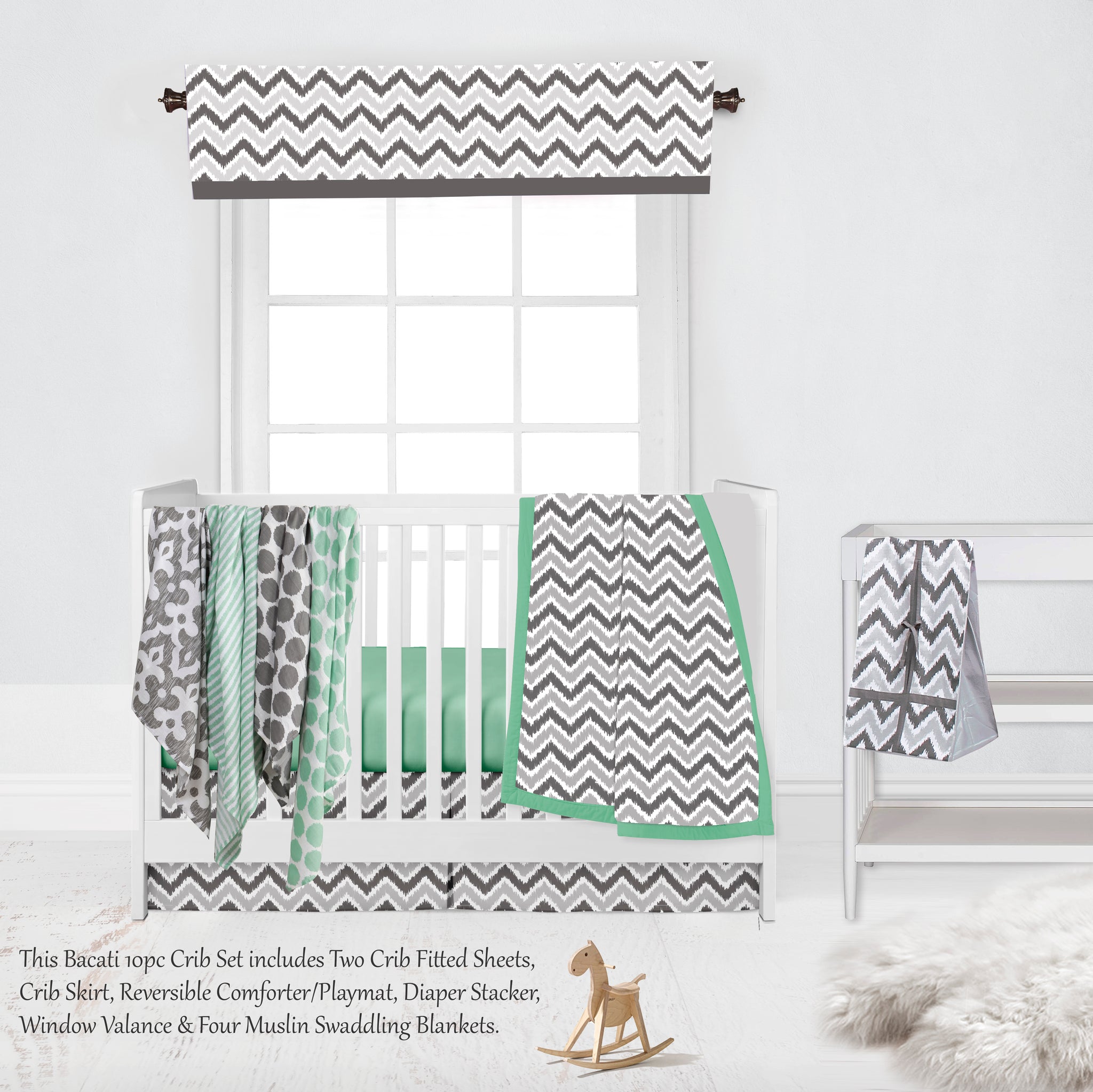 Ikat Dots Stripes Mint Grey Muslin Neutral Crib Bedding Set Bacati