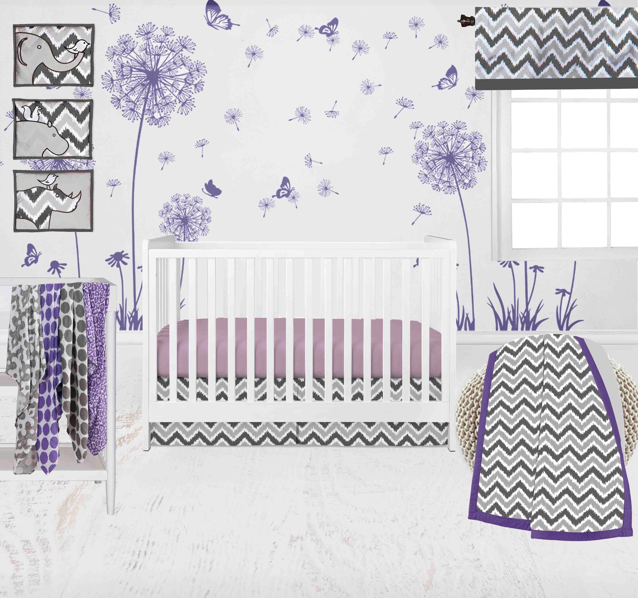 Bacati Ikat Dots Leopard Purple Grey Muslin Girls Crib Bedding Set