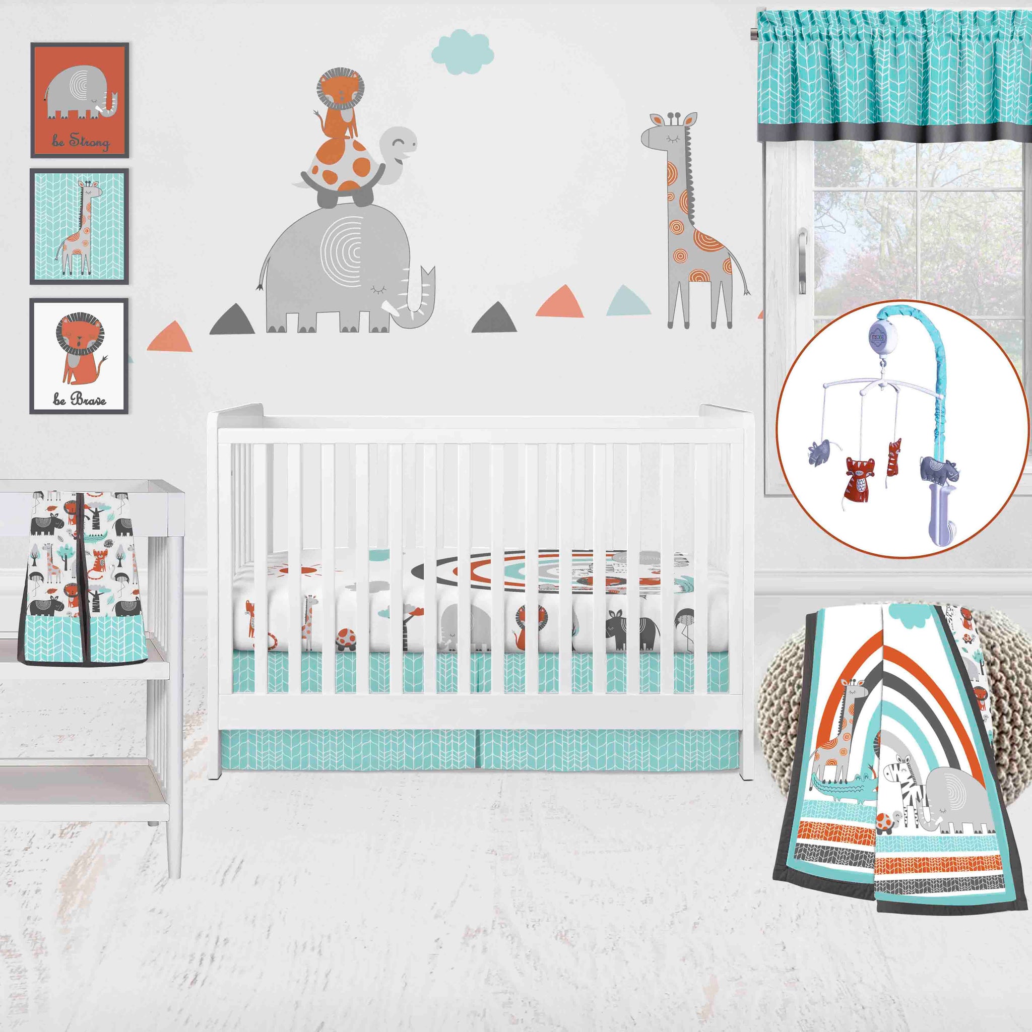 Bacati Jungle Safari 10 Piece Crib Bedding Set with 2 Sheets Aqua Orange Grey Size Large