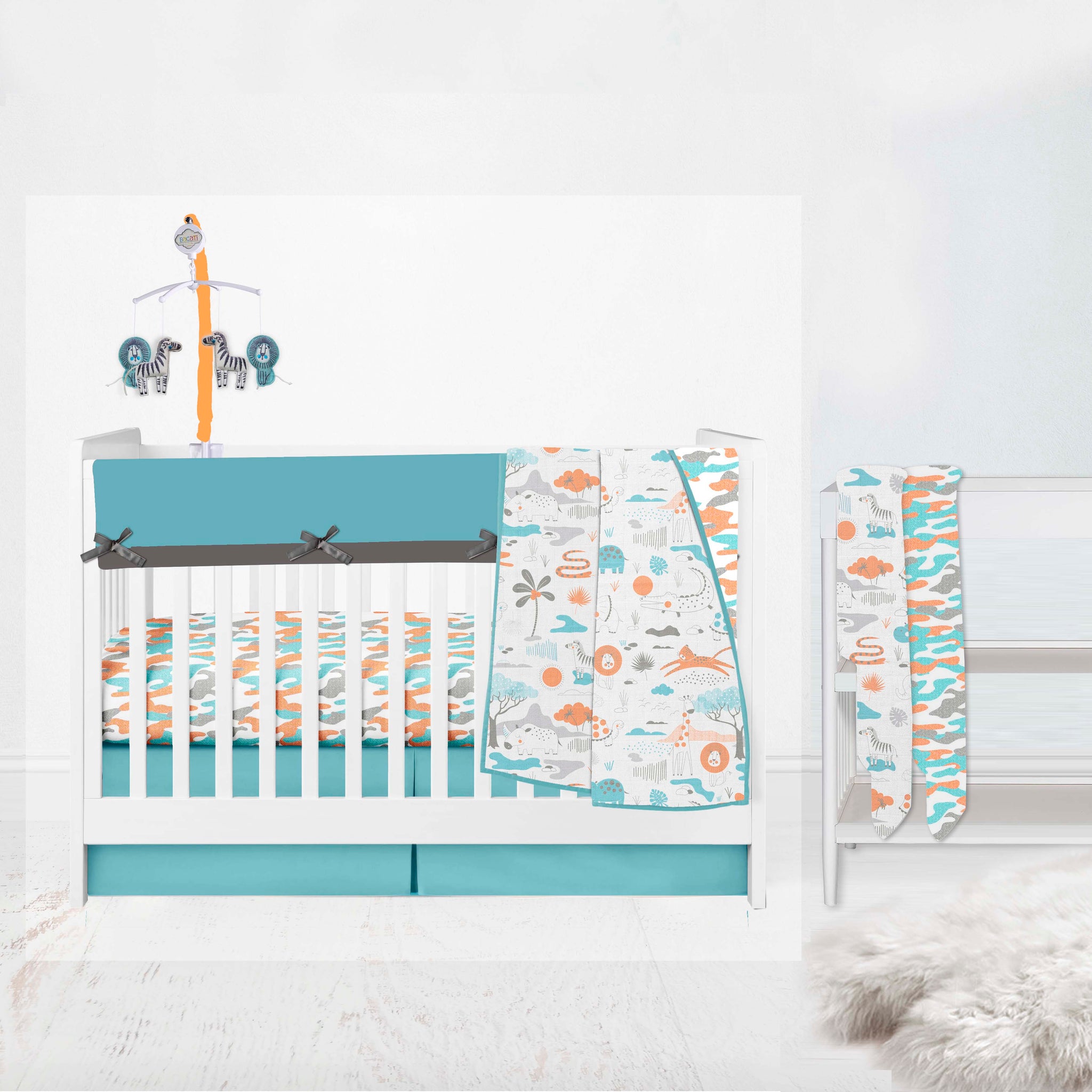 Bacati Jungle Safari Boys Aqua Orange Muslin 6 PC Crib Bedding Set with Crib Musical Mobile