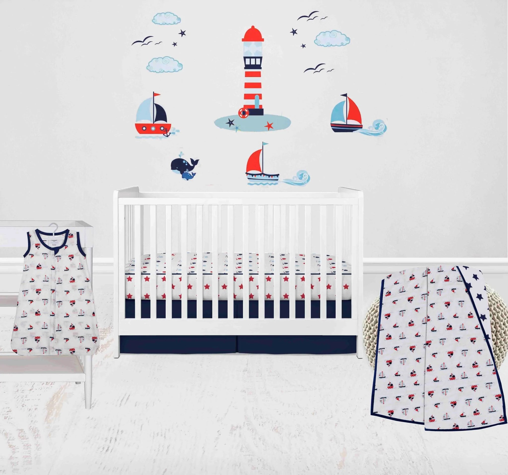 Bacati Whales Boats 4 Piece Muslin Crib Bedding Set with Sleep Sack Blue Navy Red Boys