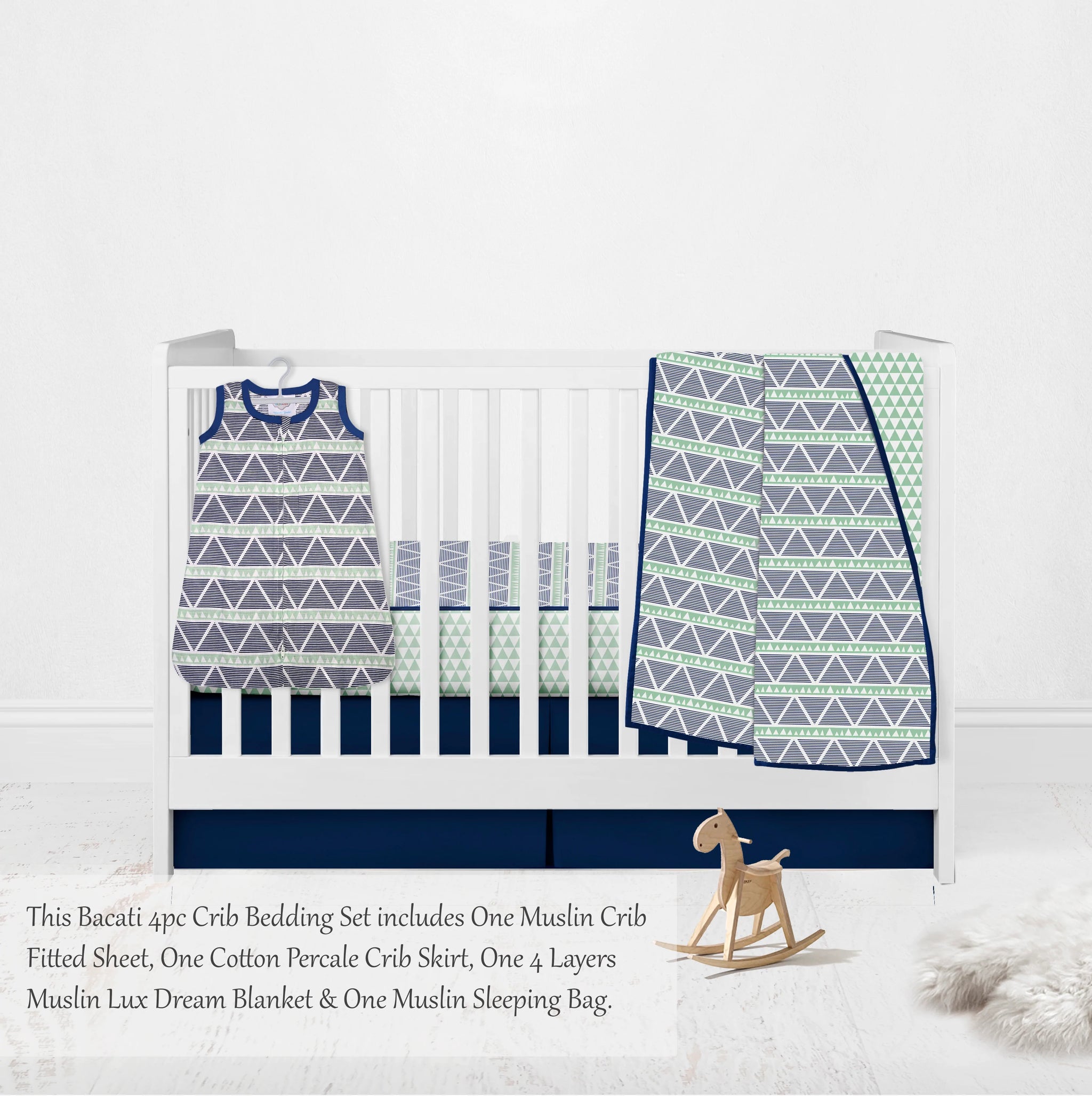 Bacati Aztec Coral Mint Navy Triangles Muslin Girls Crib Bedding Set